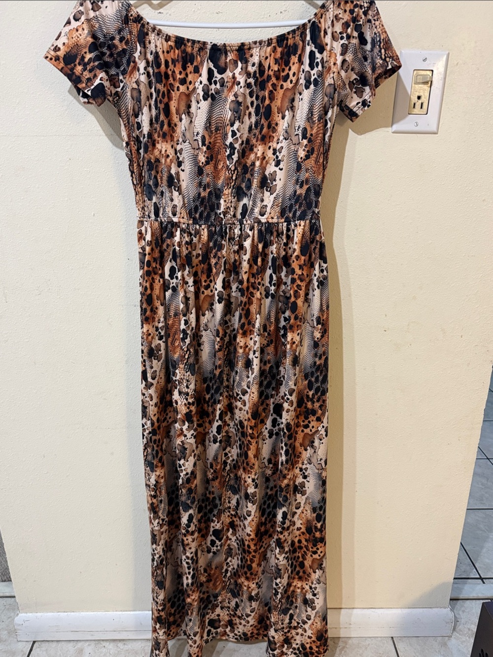 Off-Shoulder Animal Print Maxi Dress in Brown